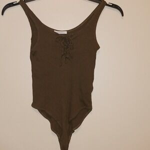 Zara Trafaluc Ribbed Lace-Up Bodysuit Olive Green Sleeveless Top S/S‎ Women